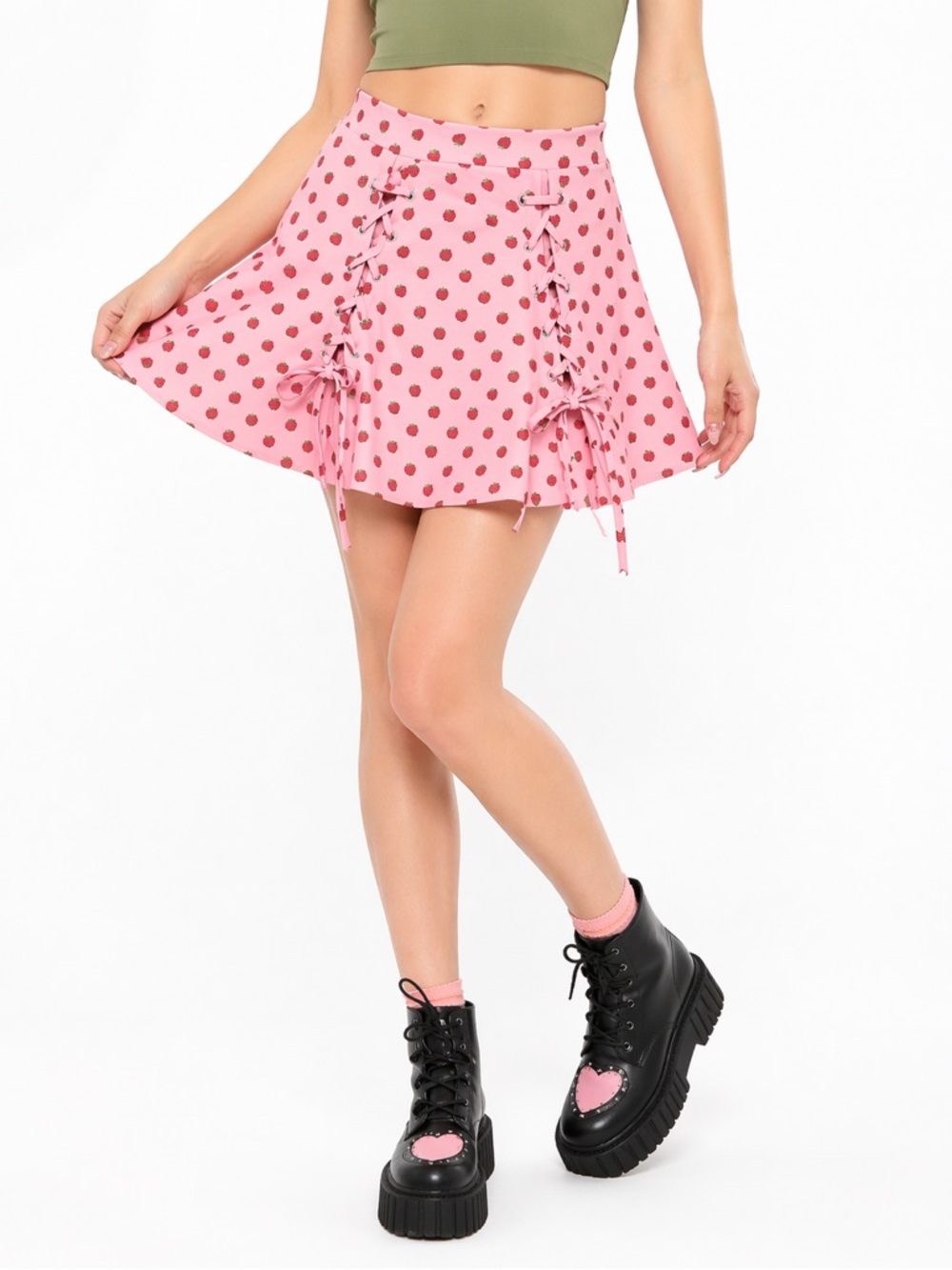 Hot Topic Strawberry Print Skater Mini Skirt Pink Lace Up M